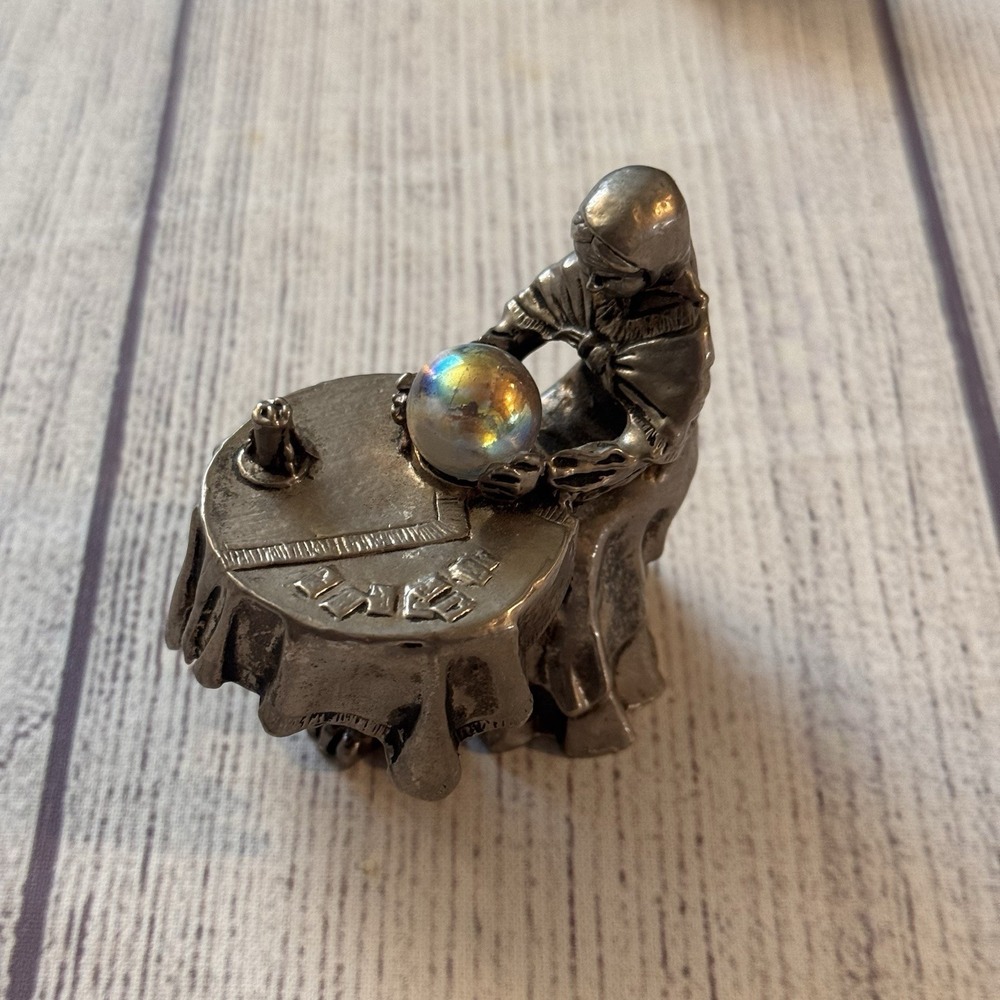 1985 Crystal Treasures Pewter Fortune Teller Crystal Ball Figurine Vintage Magic